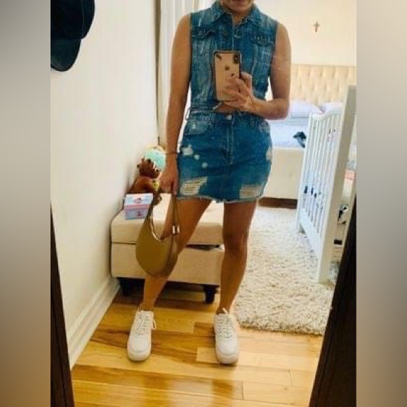 Denim top vest and mini skirt distressed - 2 items- size Small both - Picture 4 of 6